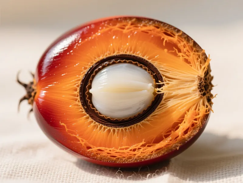 Keratan rentas buah sawit tenera — tempurung nipis, hasil DxP / tenera oil palm fruit cross-section, thin shell, the DxP result